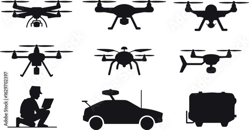 Drone silhouettes, UAV designs, aerial technology, laptop user, autonomous car, sensor device, tech equipment, drone variety, innovation concept, unmanned aircraft