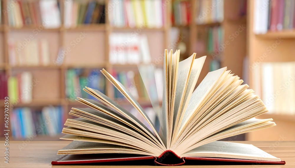 Fototapeta premium Open Book with Red Cover on Wooden Table in Library, Knowledge and Learning Concept