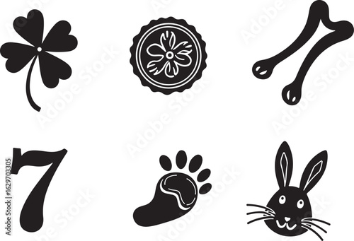 Lucky clover, number seven, dog paw, and bunny icons