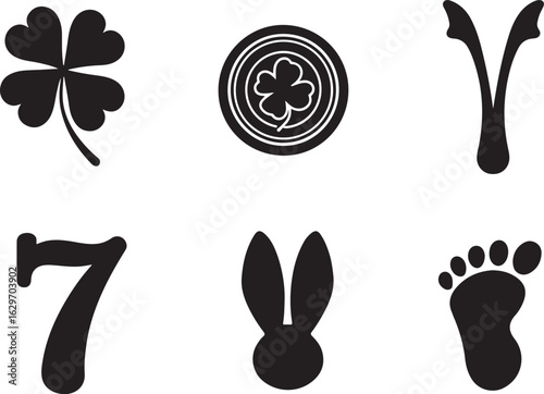 Lucky charms symbols clover coin wishbone rabbit foot number seven