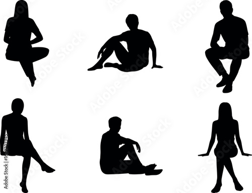 Seated silhouettes, sitting poses, human posture, ergonomic reference, anatomy study, black vector, leg positions, art model, sitting figure, posture icon