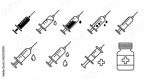 Vector illustration of collection of medical syringes and a medicine bottle isolated on white background