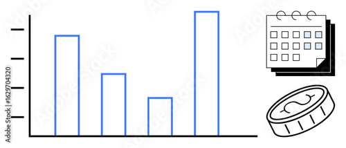 Bar chart indicating progress, stack of coins symbolizing wealth, and calendar for scheduling. Ideal for finance, analytics, planning, time management, budgeting, progress tracking and economy