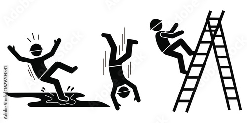 Stick Figures Falling From Ladder And Slipping On Wet Surface