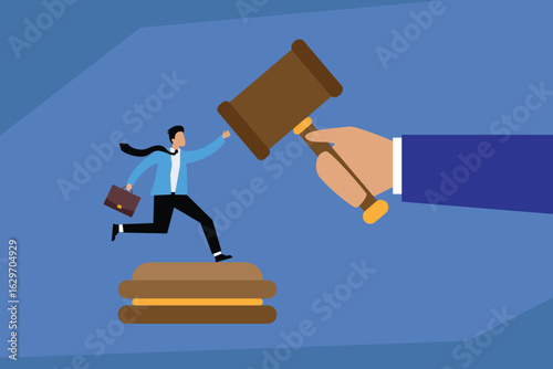 Business Law and Legal System. Businessman Running from a Gavel. 2d flat vector illustration