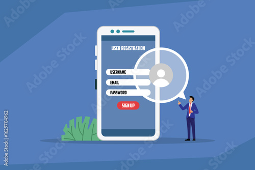User Registration and Sign-up Form on a Mobile Phone 2d flat vector illustration
