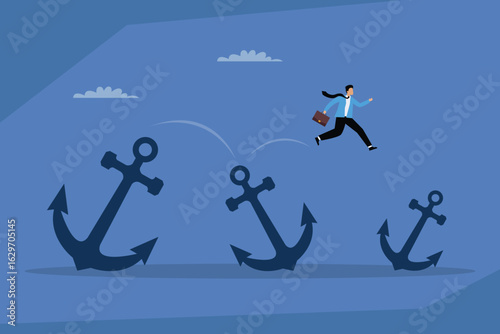 Businessman Jumping Over Anchors to Overcome Financial Obstacles 2d flat vector illustration