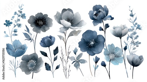 Elegant watercolor painting of blue and grey flowers and foliage isolated on white