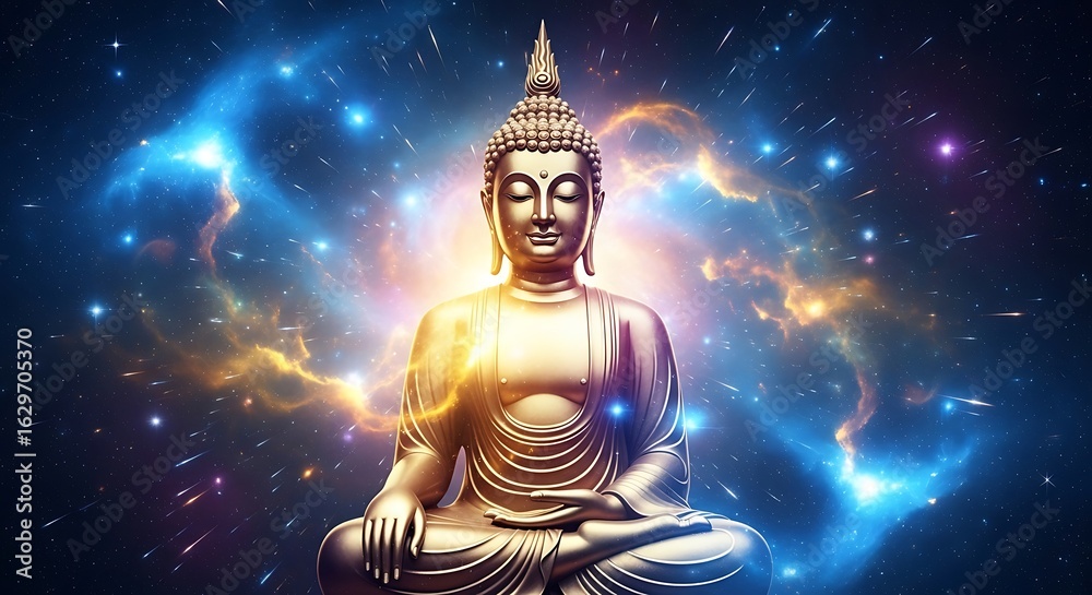 Obraz premium Serene buddha meditating amidst a cosmic nebula filled with stars