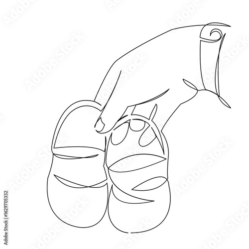 One continuous single drawing line art flat doodle hand, shoe, baby, young, background. Isolated image hand draw contour on a white background
