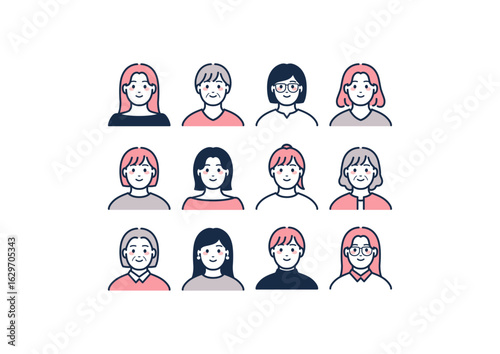 ピンク系の女性のイラスト、アイコンセット