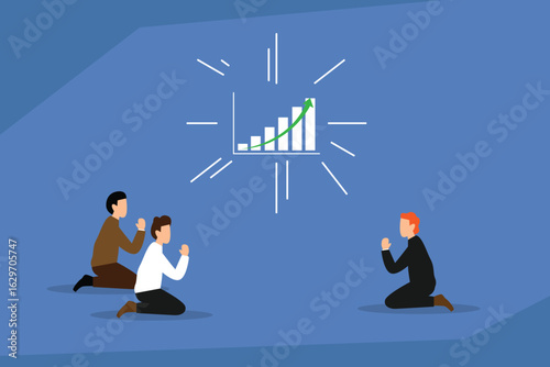 Business People Kneeling and Praying for a Good Financial Chart and Market Growth 2d flat vector illustration