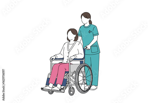 Vector illustration of nurse assisting a patient in a wheelchair isolated on white background