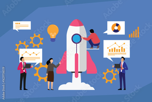 Team of Business People Working on a Rocket Ship for a Startup Project 2d flat vector illustration