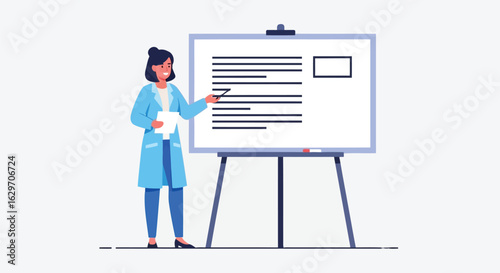 Vector illustration of female doctor presenting information on a whiteboard during a meeting