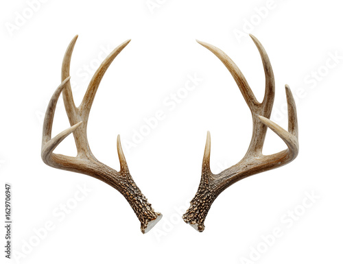 Close-up of a pair of deer antlers.  They are symmetrical, light brown, and feature branching points.  Against a black background