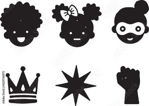 Joyful diverse faces, crown, star, fist icons symbolizing unity and power