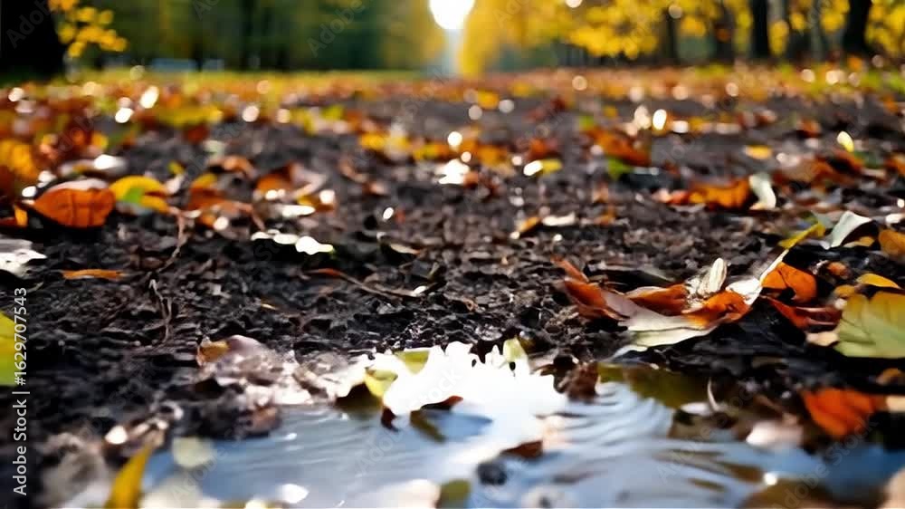 Fallen Autumn Leaves on Wet Ground in a Park in Bright Sunlight Fallen Autumn Leaves on Wet Ground in a Park in Bright Sunlight