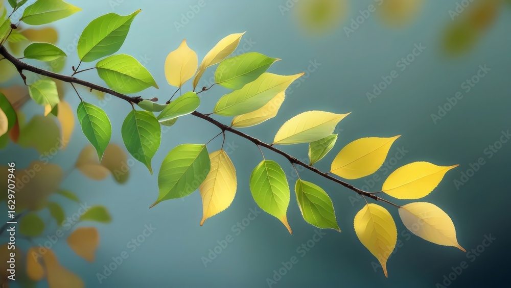 Obraz premium Transitioning Seasons: A Tree Branch with Green and Yellow Autumn Leaves