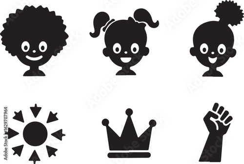 Diverse children, sun, crown, and fist symbols for empowerment