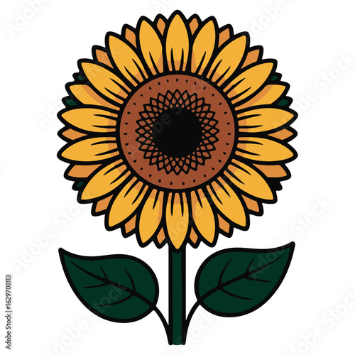 A vibrant stylized illustration of a single large sunflower with bright yellow petals and dark brown center on a white background