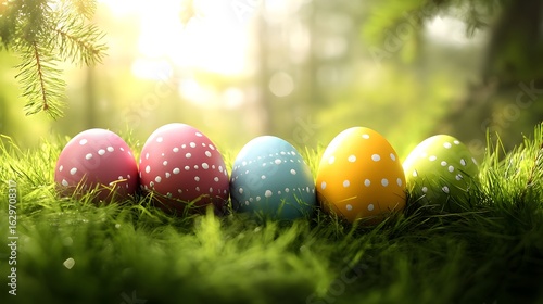 Colorful Easter eggs arranged in a row on green grass in a sunlight-filled forest clearing