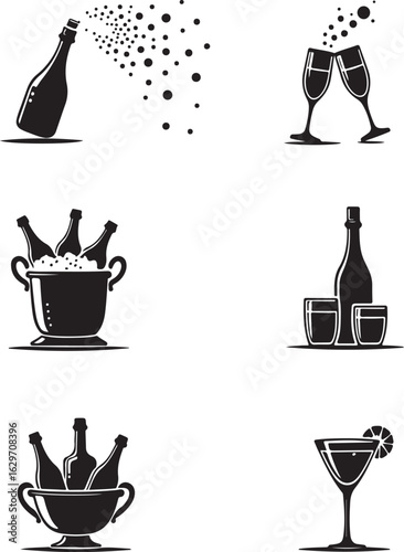 Celebrate with elegant drink icons: champagne, cocktails, and bottles