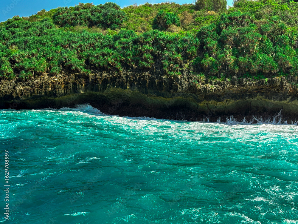 Naklejka premium Emerald Coast Embrace: Captivating aerial view of azure waves crashing against a verdant coastline, celebrating nature's breathtaking spectacle.