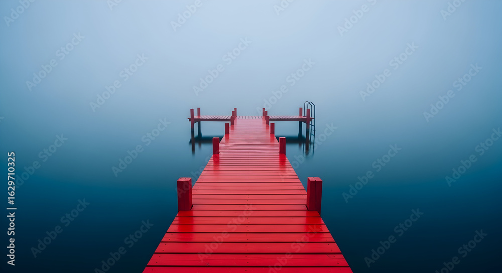 Obraz premium Striking Red Wooden Pier Stretching into a Serene, Foggy Lake or Sea with a Blue Gradient Sky, Creating a Minimalist and Mysterious Landscape, Evoking Solitude and Tranquility