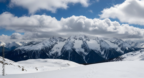 Wallpaper Mural Panoramic View of a Majestic Snow-Capped Mountain Range Under a Dynamic Sky with Fluffy White Clouds, Capturing the Grandeur of Winter Landscapes and Alpine Scenery

 Torontodigital.ca
