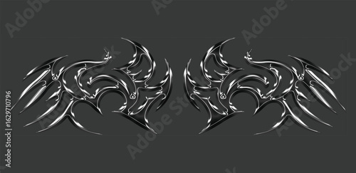 3d chrome metal of y2k tribal sigilism heart tatto. Flame shape in liquid mercury. 3d illustration of abstract neo tribal cyber sigil metallic melted modern burn form, design element. 3D Illust