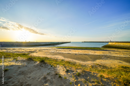 View of the beach and surrounding landscape on the coast near Calais.
