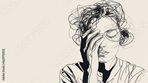 A minimalist line drawing of a woman, hand covering her eye, conveying contemplation, stress, or exhaustion.  The style is expressive and slightly abstract