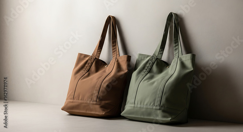 Two colored canvas tote bag product mockup leaning against a minimalist wall.