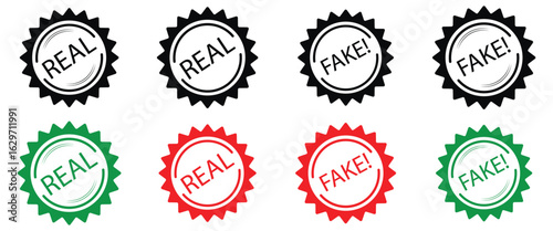 "Real and Fake Rubber Stamp Icon Set  Grunge Style Truth and Lie Concept Badges