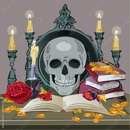 A maximalist gothic still life illustration of a skull symbolizing mortality, surrounded by books, gold coins, and lit candles.