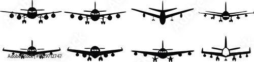 Collection of eight black airplane silhouettes viewed from the front