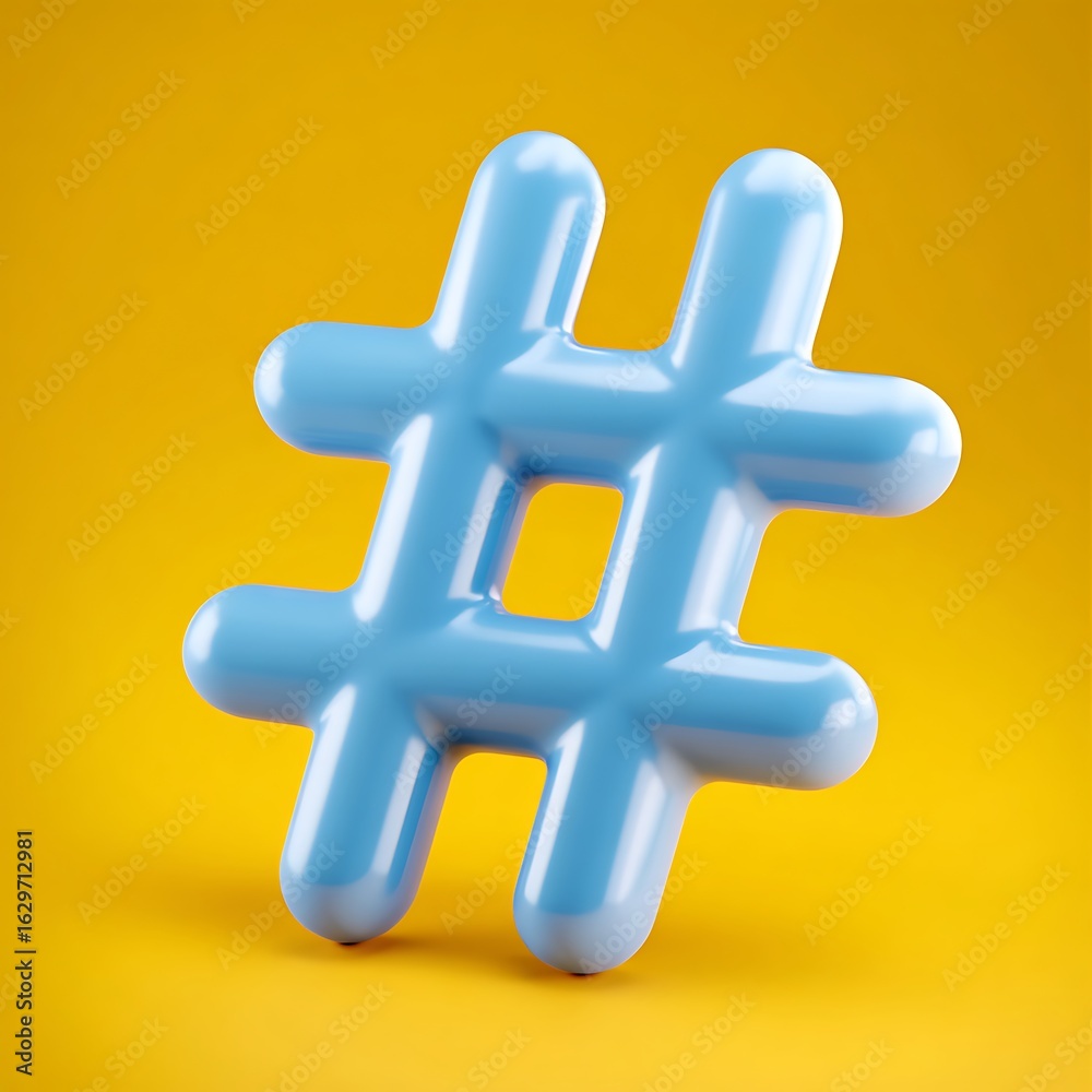Obraz premium 3D Render of a Blue Hashtag Symbol on a Yellow Background for Social Media and Digital Marketing