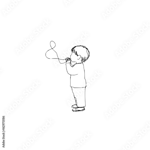 A simple line drawing of a young child blowing bubbles with a bubble wand and bubble solution outdoors