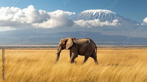 An elephant strides across the savanna, with majestic Mount Kilimanjaro providing an iconic African backdrop. A scenic representation of wildlife in a tranquil landscape.
