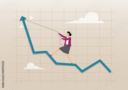 A determined businesswoman pulling a line graph upwards with a rope