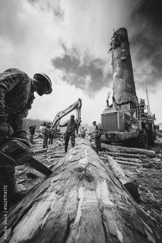 Obraz premium Industrial logging operation with lumberjacks using chainsaws in a forest environment