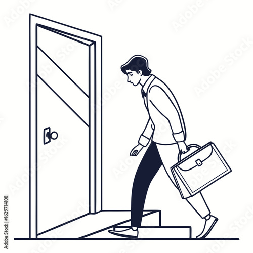 A dejected businessman walks down stairs away from an open door carrying a briefcase