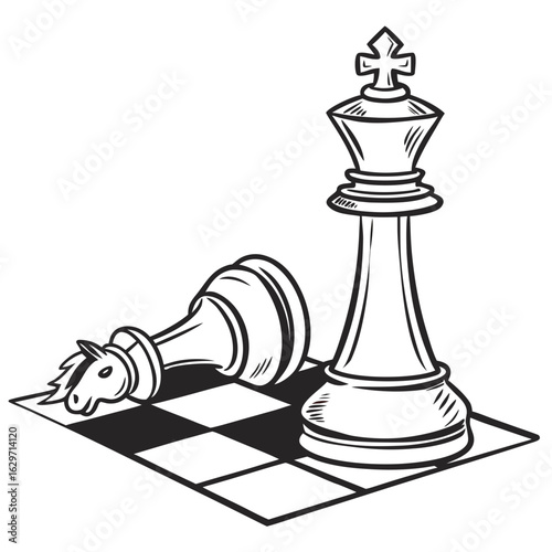 A victorious king stands tall on a chessboard next to a fallen opponent