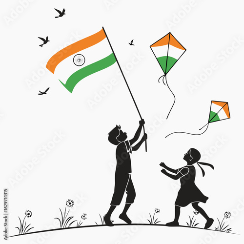 Children celebrating india s independence day with flag and kites on a sunny day