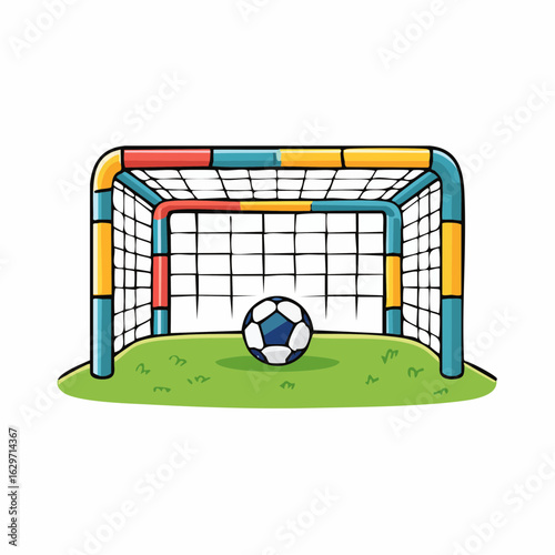 Soccer Goal and Ball: A playful depiction of a soccer goal and a soccer ball, set against a backdrop of vibrant green grass, captures the essence of sports and recreational joy. 