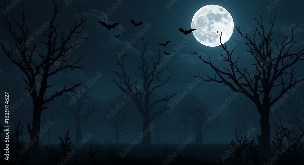 Fototapeta premium Moonlit Night with Bare Trees and Flying Birds