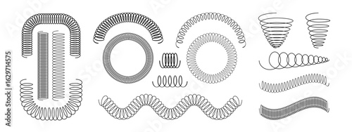 Set of coil spring in line, circle, arch and wave shapes isolated on white background. Different metal wire spirals. Slinky toys silhouettes. Part of car suspension. Vector graphic illustration. 