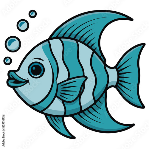 Cute cartoon blue angelfish with striped body and flowing fins swimming with bubbles in clear water