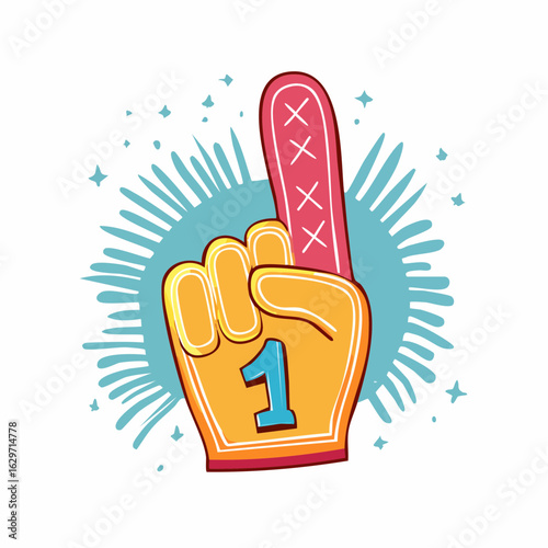 Number One Sports Fan Glove: An animated illustration of a vibrant foam finger glove, raised in a symbol of victory, capturing the essence of sports fan enthusiasm.